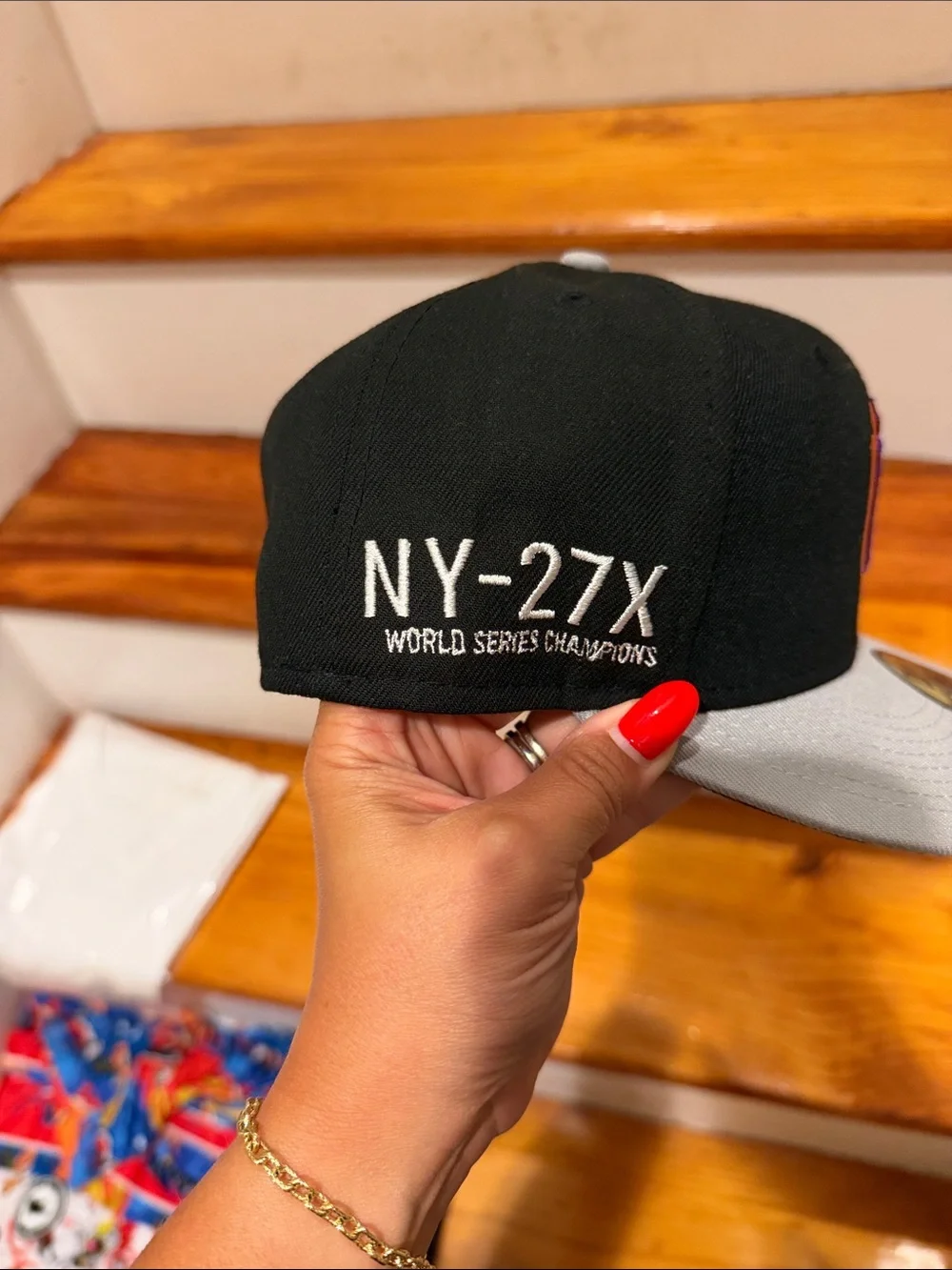 New Era Kids Black Crown Gray Brim NY Logo Cap with Orange & Purple Embroidery